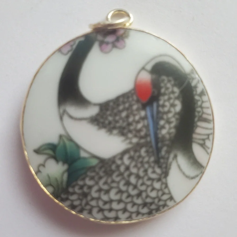 Red Crowned Japanese Crane Vintage Bird Transferware China Pottery Shard Pendant